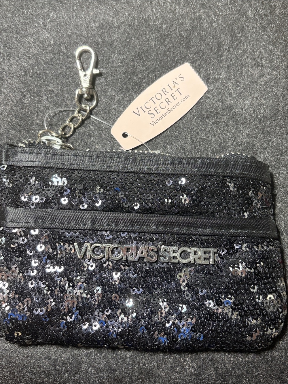 Victoria's Secret Black Sequin Key Pouch with Clip